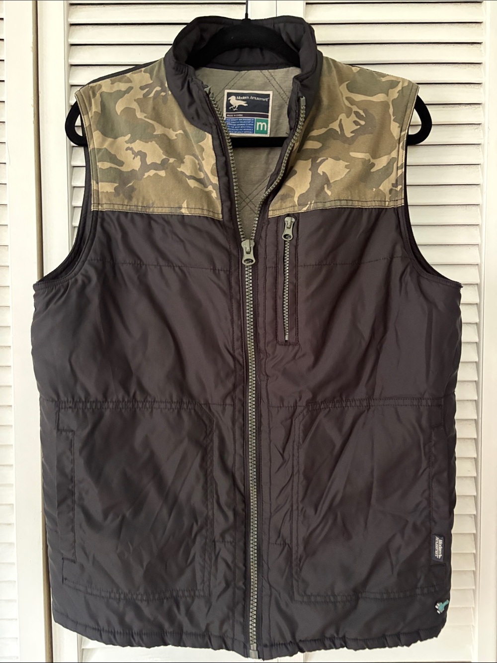 Modern Amusement Brown Quilted Vest with Camo Yoke